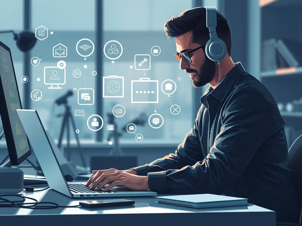 Professional freelancer working on laptop with AI tools for freelancers in modern workspace