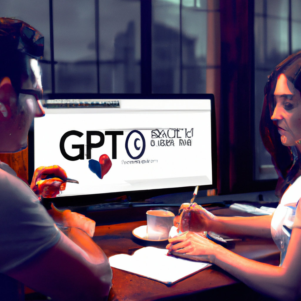 Everyday uses of GPT illustrated by two individuals engaged in creative brainstorming session with AI tools on computer screen